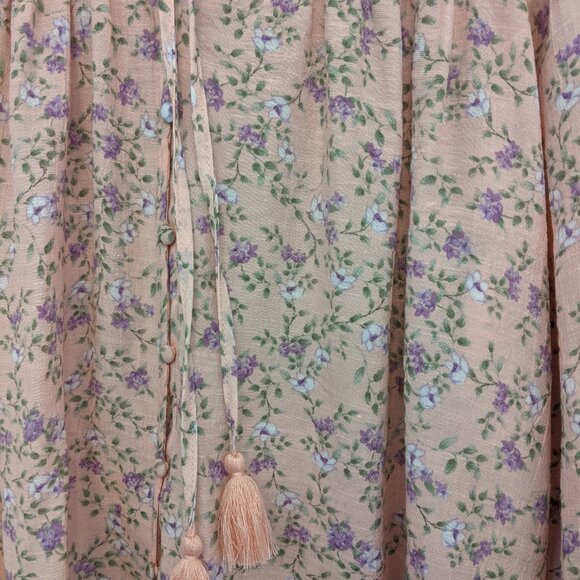 Vintage Nanette Lepore Pink Floral Womens Blouse Large Smocked Tassel Boho Y2K - Picture 8 of 10